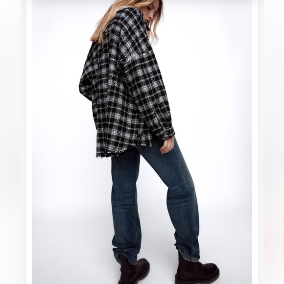 Zara Plaid Women’s Tweed Snap Button Shirt Jacket Black White Blogger Shacket XS - Picture 5 of 16